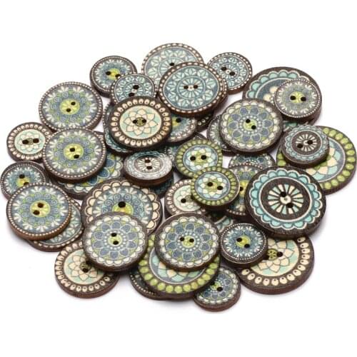 50pcs/lot 15/20/25mm Round Green Retro Printing Wooden 2-hole Button For Needlework Clothing Sewing Accessories Wholesale