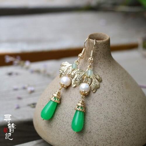 Malay Earring green stone leaf drop pearl exaggerated Natural Green Dragon 925EarringsGenuine Selling Huge