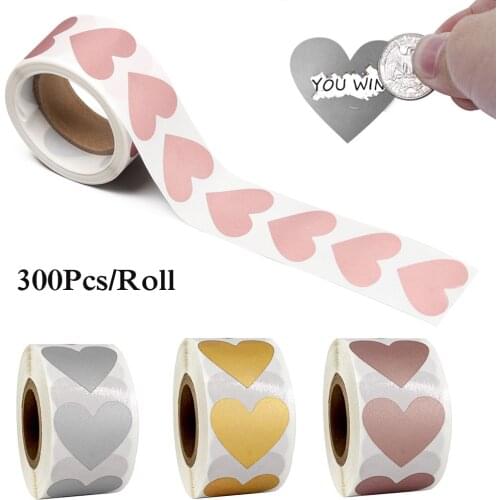 300pcs Love Heart Shape Silver/Gold/Rose Gold Scratch Off Stickers Labels Secret Code Cover Sticker for Party Activity Game