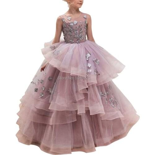 New Hot Girls Tulle O-neck Sleeveless Flowers Ball Gowns Floor Length Elegant Girls Princess Dress Birthday Party Wedding Gowns