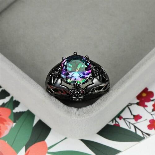 Charm Female Crystal Big Rainbow Ring Vintage Black Gold Wedding Rings For Women Promise Love Flower Engagement Ring