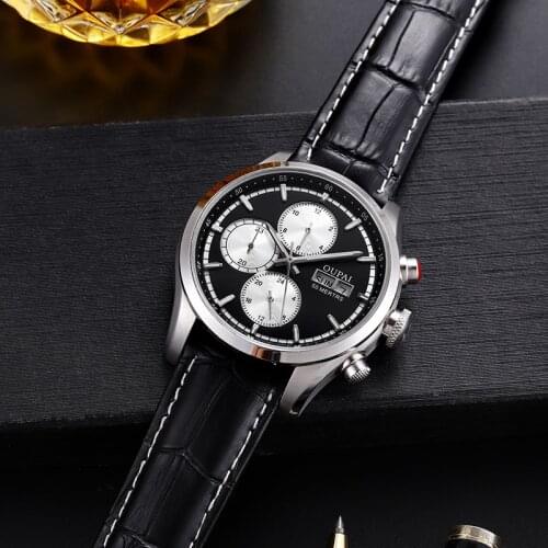 OUPAI Commander Design 3 Eyes Panda Muti-Function Automatic Watch Men with Week Calendar Waterproof Leather Luxury Sport Watch