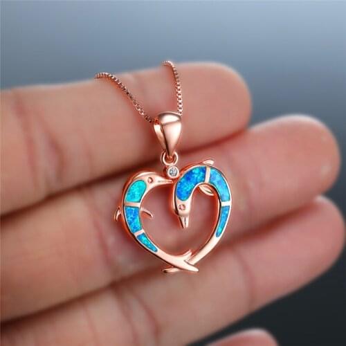 Cute Animal Dolphin Pendant Necklace White Blue Opal Heart Necklace Rose Gold Silver Color Chain Wedding Necklaces For Women Men