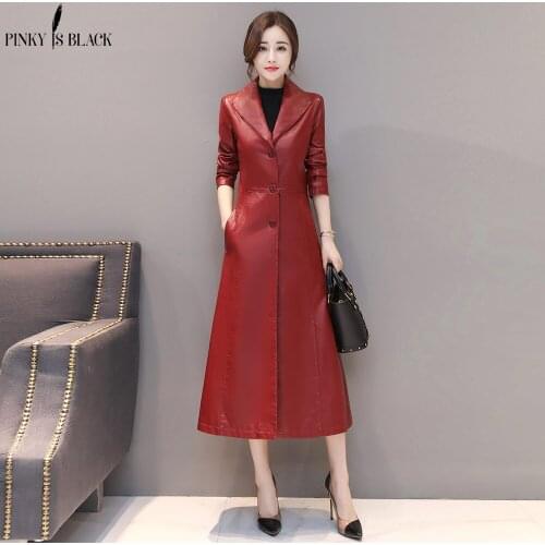 PinkyIsBlack Spring Autumn Women Leather Jacket Fashion PU Leather Coats X-long Single Breasted Turn Down Collar Leather Jacket