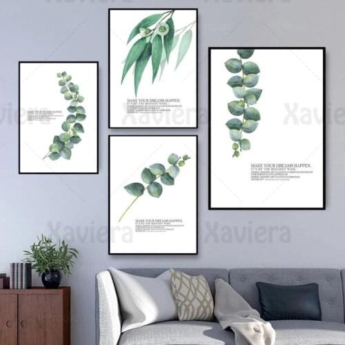 Fresh Nordic Painting Green Plant Eucalyptus Leaf Make Your Dreams Happen Quotes Modern Wall Art Canvas Prints Home Decoration