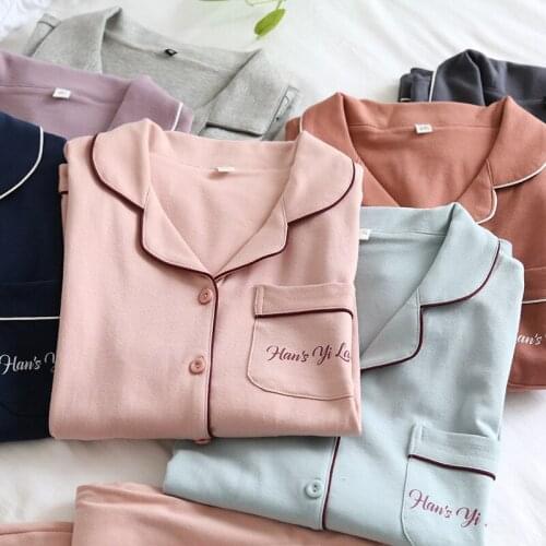 High Quality Couple Sleepwear 100%Cotton Pajamas Suit Women Men Two-piece Spring Long Sleeve Homewear Set Shirts+Pants Nighties