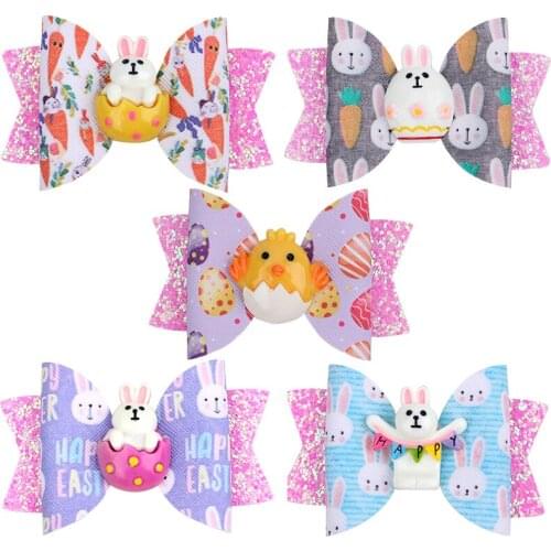 CN 2 Pieces/Lots 3" Easter Day Eggs Hair Clips For Girls Kids Glitter Stack Radish Rabbit Hair Bows Hairpins Hair Accessories