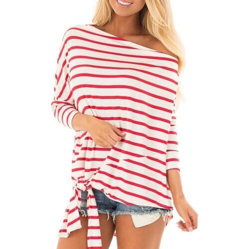 Jessie Vinson Three Quarter Sleeve Slash Neck Striped T Shirt Women Tie up Batwing Sleeve Female Spring Autumn Top T-shirts