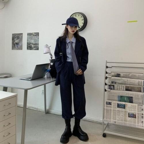 Wenfly Women Korean New Suits Striped Three Pieces Set Loose Blazers Outerwear Hight Waist Long Pants Casual Long Sleeve Shirts