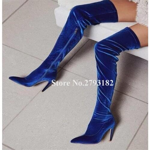 Women Fashion Pointed Toe Slim Over Knee Stiletto Heel Boots Blue Green Velvet Bandage Long High Heel Boots Club Dress Shoes