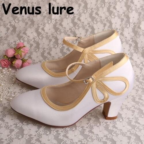 Mary Janes Block Heel Ivory Shoes Wedding Women Round Toe Bridesmaid Pumps