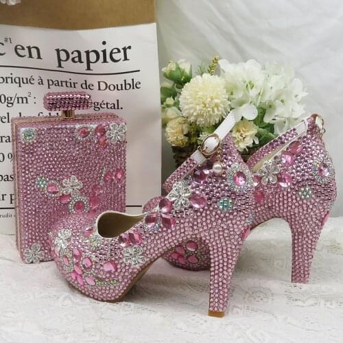 Women wedding shoes Bridal Pink crystal party shoes with matching bags fashion high heels platform shoes Woman Round Toe Pumps