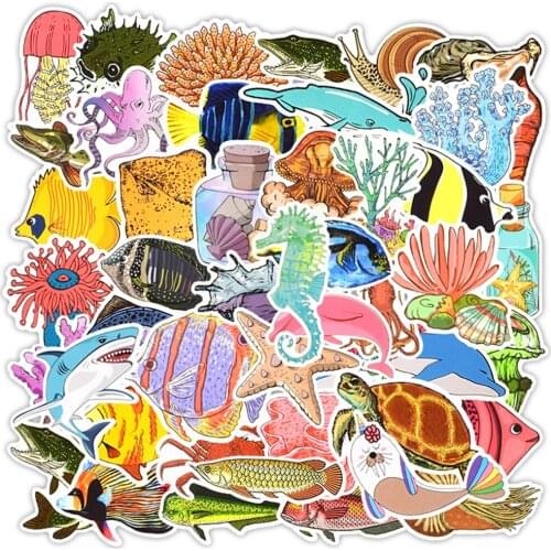 50 PCS Sea Fishes Animal Stickers Ocean World Plant Coral Jellyfish Cartoon Graffiti Laptop Sticker Vinyl on Skateboard Suitcase