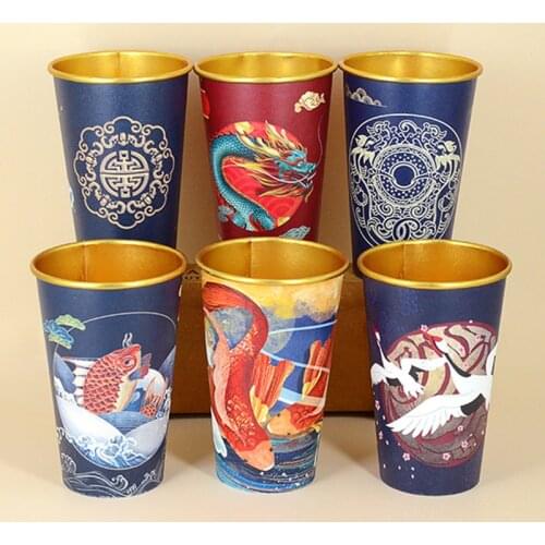 50pcs High quality foil gold cup disposable milk tea coffee paper cups 400ml 14A Chinese style party birthday favors drink cup