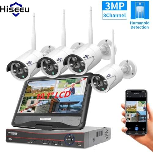 Hiseeu 3MP Wireless CCTV System with 10.1" Monitor 8CH HD NVR Kit Outdoor Wifi Security IP Camera System Video Surveillance Set