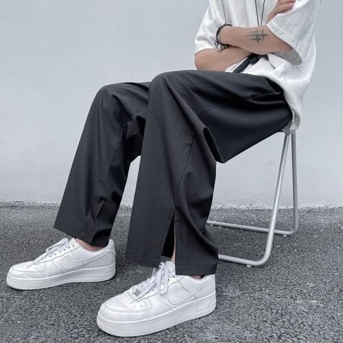 Men Fashion Ice Silk Pants New Loose Straight Summer Thin Casual Trousers Mens Streetwear Vent Long Pants Black/White/Pea green