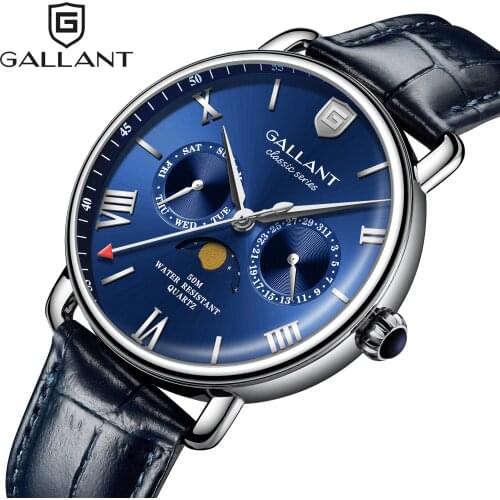 Mens Watch, Quartz Watches Mens Wristwatch Moon Phrase Calendar Leather Strap Waterproof Dress Watches for Men Luxury, Blue