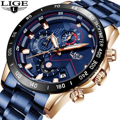 LIGE Fashion Business Blue Mens Watches Top Brand Luxury Clock Male Military All Steel Waterproof Quartz Watch Relogio Masculino