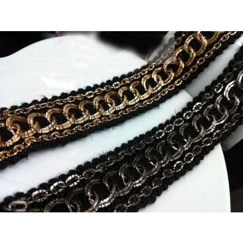 3yards/lot 2cm Black Lace Ribbon Gold Chain Beaded DIY Handmade Lace Collar Accessories Beading Braid Lace Trims Dress Fabric