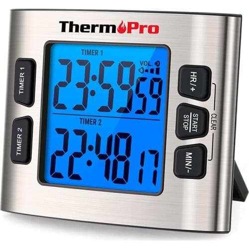 ThermoPro TM02 Cooking Digital Kitchen Timer Large Display Dual Timer Backlight Countdown/UP Timer With Clock Function