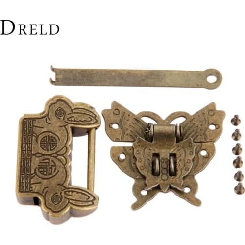 DRELD Vintage Wooden Box Toggle Latch Hasp with Antique Chinese Old Padlock Chinese Brass Hardware Furniture Accessories