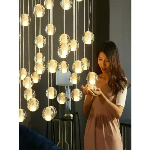 Duplex Apartment Villa Staircase Pendant Light Modern Round Crystal Glass Ball Hanging Lamp Living Room Staircase LED Chandelier