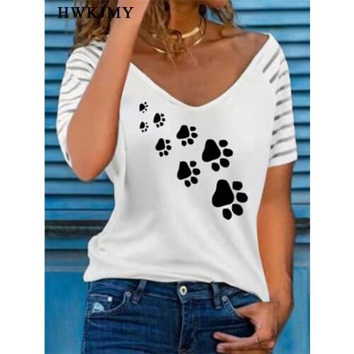 Summer Womens Fashion Casual V-neck Short Sleeves Tops Claw T-shirts Loose Ladies Printed Pew Funny Graphic Cotton T Shirts