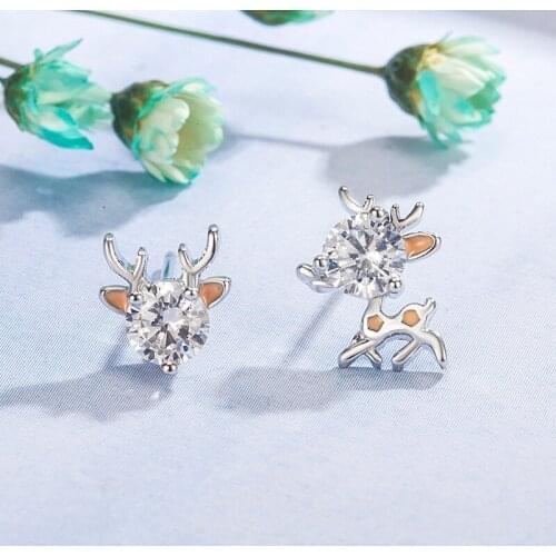 Korea Cute White Crystal Elk Stud Earrings Personality Asymmetry Zircon Earrings Christmas Jewelry Daily Earrings for Women