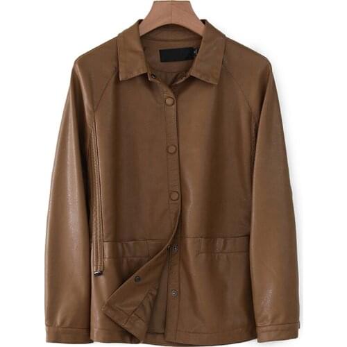 Autumn New Soft Faux Leather Jacket Women Loose Single Breasted Moto Bike Coat Pockets Streetwear Female Brown PU Leather Coats