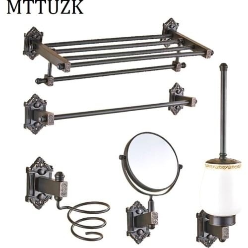 MTTUZK Black Antique Carved Bathroom Hardware Set Copper Black Bath Square Pattern Frame Hardware Set Bathroom Accessories Set