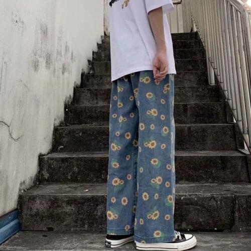Hip-Hop MenS Printed Jeans 2021 Fall Fashion WomenS Daisy Pattern Trousers Street Oversized MenS Pants Jogger Clothing