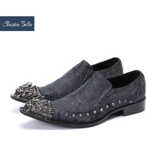Christia Bella Rivets Men Genuine Leather Shoes Pointed Toe Party Formal Shoes Business Office Leather Shoes Male Footwear