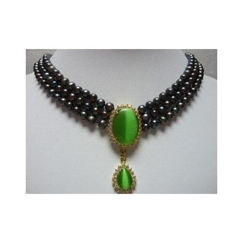 Charm 3 row 6-7mm Black Freshwater pearl &18GKP opal Cat' s eye Green pendant Bridal wedding Jewelry necklace