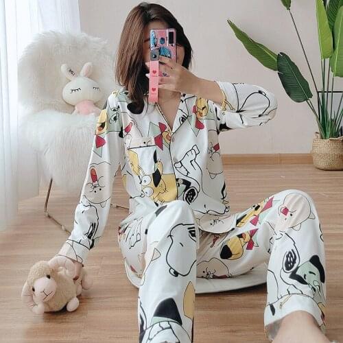 Spring and Autumn Fashion 100% Cotton Ladies Cartoon Dog Knitted Long-sleeved Trousers Pajamas Suit Home Service Women