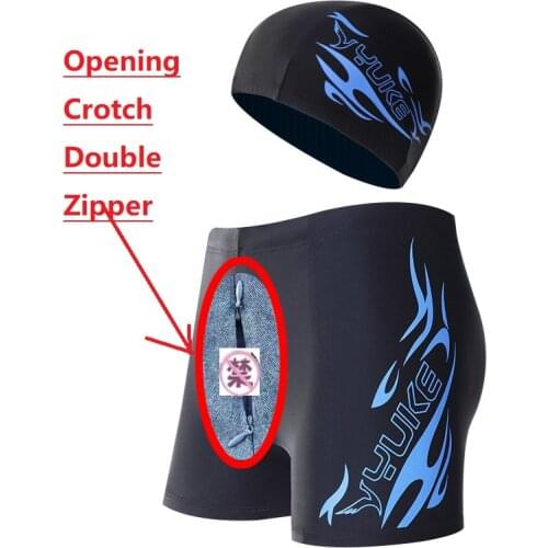 Mens flat-angle swimming trunks open double-head zipper love adult swimming trunks large-size swimsuit Free to take off pants