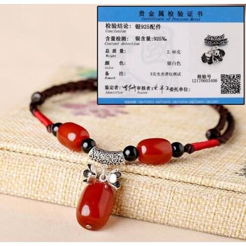 S 925 Siver Jewelry Necklace Chainbone Chain Women Clothes Accessories Wild Agate Pendant National Wind Red size 45CM