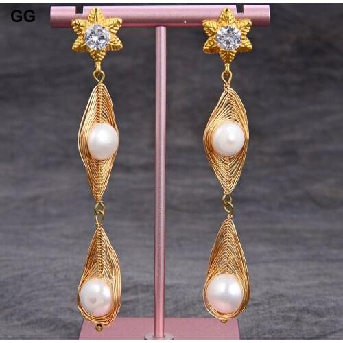 JK Handmade Natural White Round Keshi Pearl Gold Plated Flower Clear Crystal Dangle Stud Earrings
