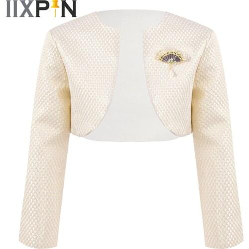 Girls Long Sleeve Bolero Shawl Shrug Princess Girl Dress Open Front Cardigan + Brooch Pageant Wedding Party Jacket Kids Wraps