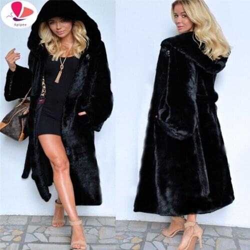 Black Hooded Faux Fur Coat Winter Women Long Faux Fox Fur Jacket 2021 Fashion Plus Size Coats Elegant Lady Warm Jackets