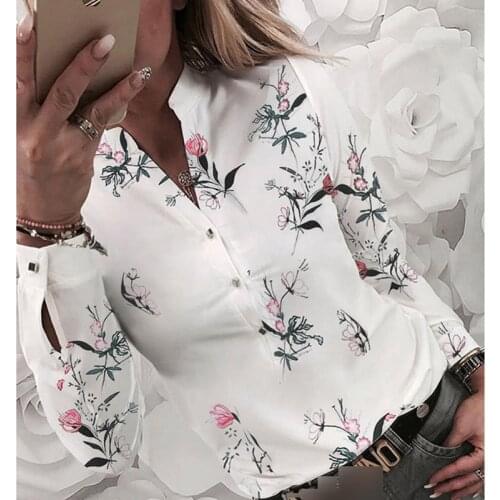 Women Shirt New Floral Print V-Neck Long Sleeve Hot Sale Autumn Spring Female Casual Blouse Button Slim Fit Ladies Clothing