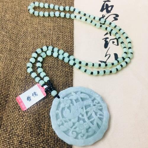 Zheru Pure natural Jadeite carved light green plum pendant with green bead necklace sweater chain Send A-level certificate