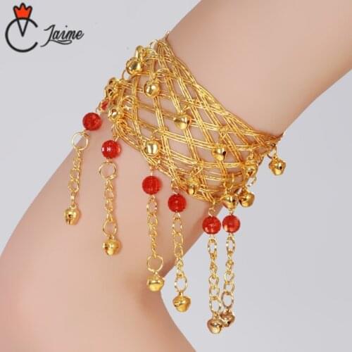 Belly Dance Indian Costume Accessories Bollywood Dance Red beads bell Gold Upper Armband Jewelry 2 pieces