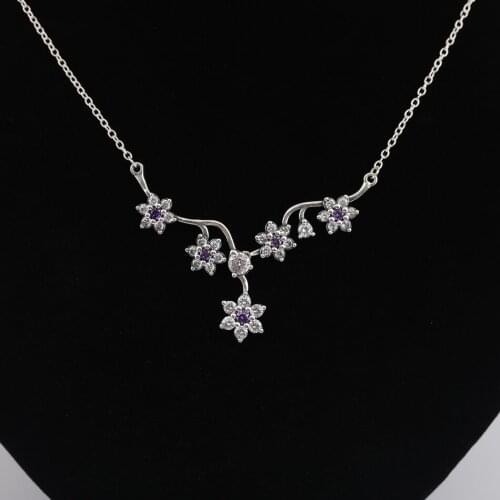 Authentic S925 Sterling Silver Necklace Forget Me Not Blooms Crystal Necklace For Women Wedding Party Gift fit Lady Jewelry
