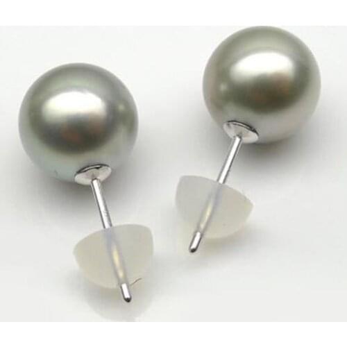 Free Shipping 18K White Gold Round Light Green Tahitian Cultured Pearl Earrings 9.5-10mm