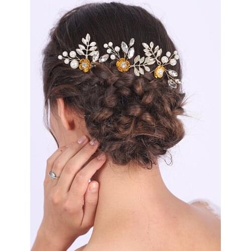 Retro Gold Leaf Shiny Crystal Pearls Hair Clips Wedding Hair Ornaments Elegant Bride Hair PIns Decoration For Women