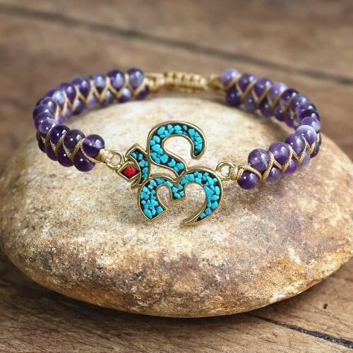DIY Purple Crystal Beads OM Bracelet for Couple Buddha OM Yoga Meditation Jewelry Women Braided Charm Bracelet Dropship