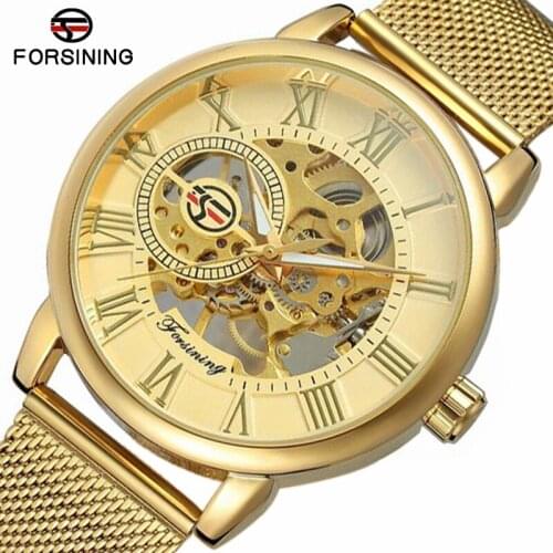 Forsining Top Brand Luxury Skeleton Wrist Watch gold Steel Transparent Case Roman Dial 3D Logo Engraving Men Mechanical Watches
