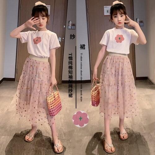 Childrens Clothing Girls Set 2021 Summer New Korean Big Childrens Mesh Skirt Short-sleeved Top Two-piece Set