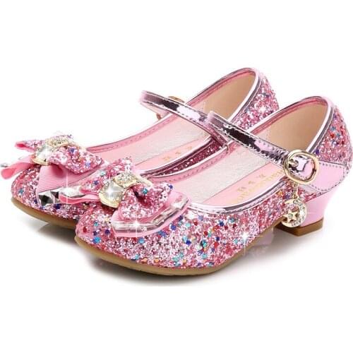 Princess Kids Leather Shoes For Girls Flower Casual Glitter Children High Heel Girl Shoes Butterfly Knot Blue Pink Silver Shoes