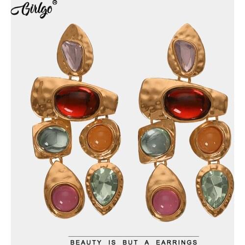 Girlgo Newest Design Colorful Rhinestone Dangle Earrings for Women Luxury Long Crystal Pendent Statement Earrings Maxi Jewelry